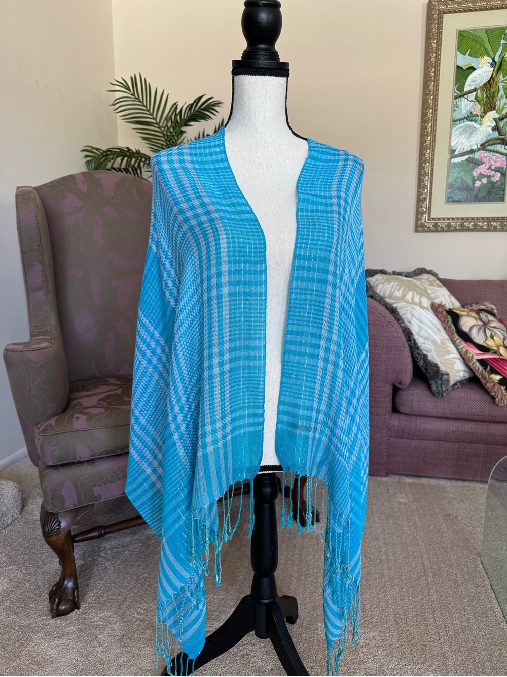 pashmina Turquoise Plaid Fringe Wrap